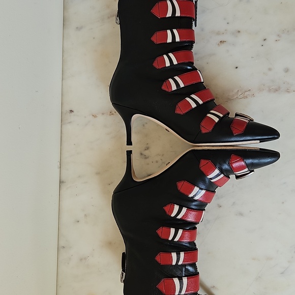 GUCCI: Black and Red Striped Buckle Ankle Boots - Picture 4 of 9